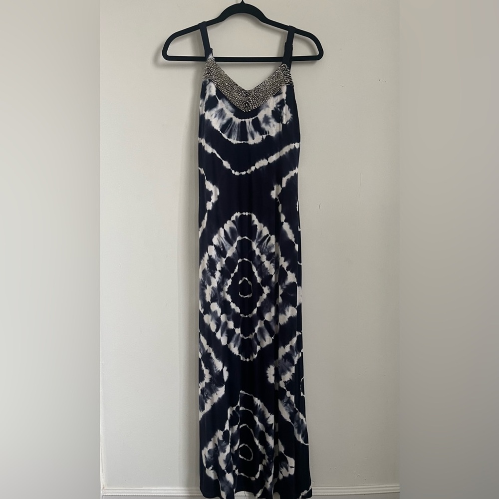 INC INTERNATIONAL CONCEPTS Dress Sz S Blue White Tie Dye Irediscent Bead EUC